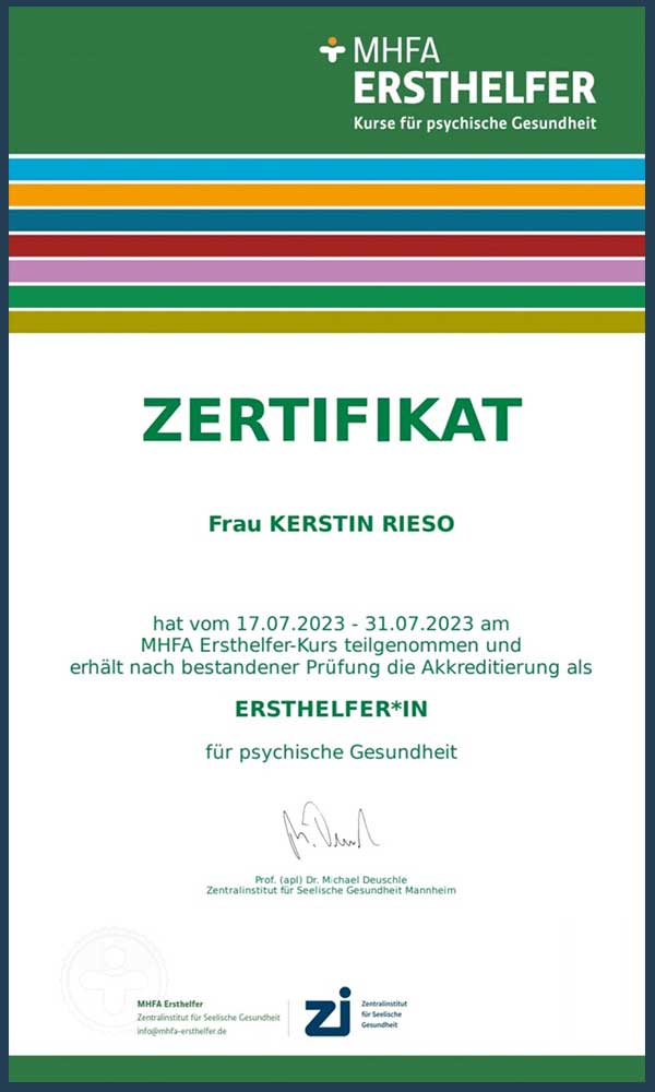 Kerstin Rieso Zertifikat qualifizierte Ersthelferin für psychische Gesundheit
